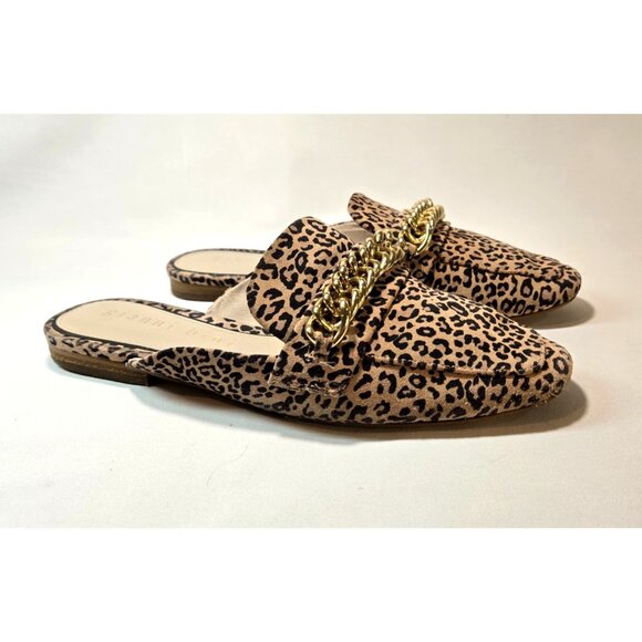 Gianni Bini Leopard Print Flat Mule Slip-On Gold Chain Sz 7 Leather Embellished - Picture 1 of 12